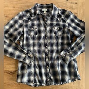 Cowgirl Up Western Embroidery Snap Long‎ Sleeve Button Down Shirt Women’s L pre